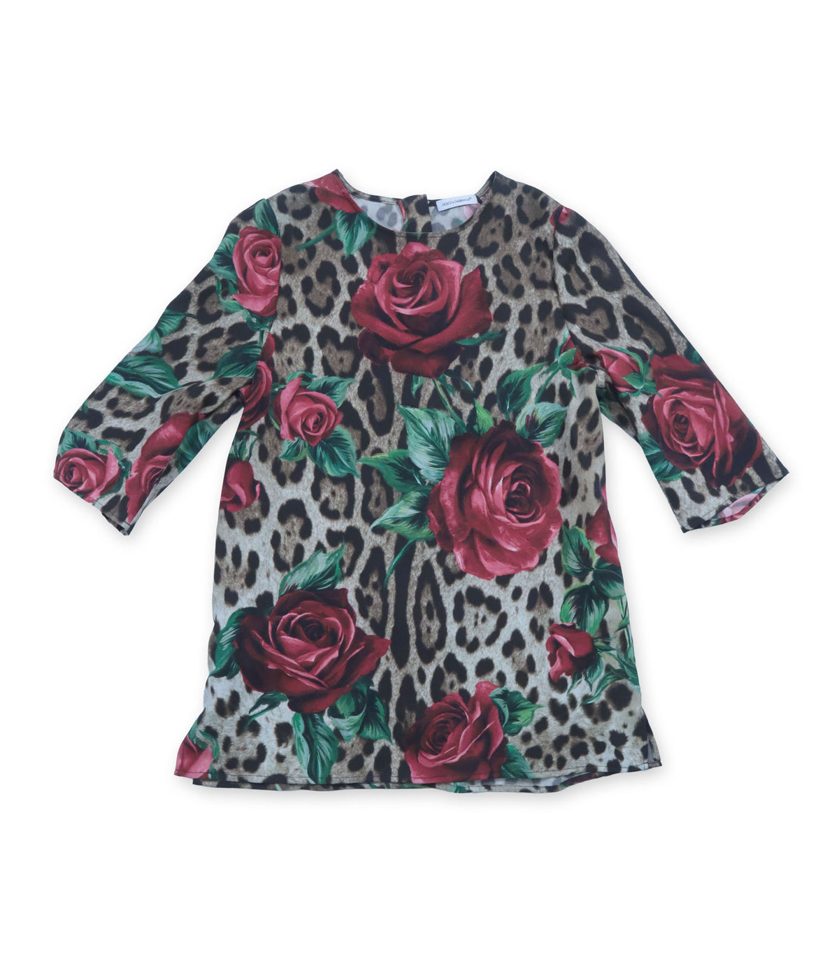 Dolce & Gabbana Kinderkleid mit Rosen- und Leopardenprint aus Seide in Rosé und Beige