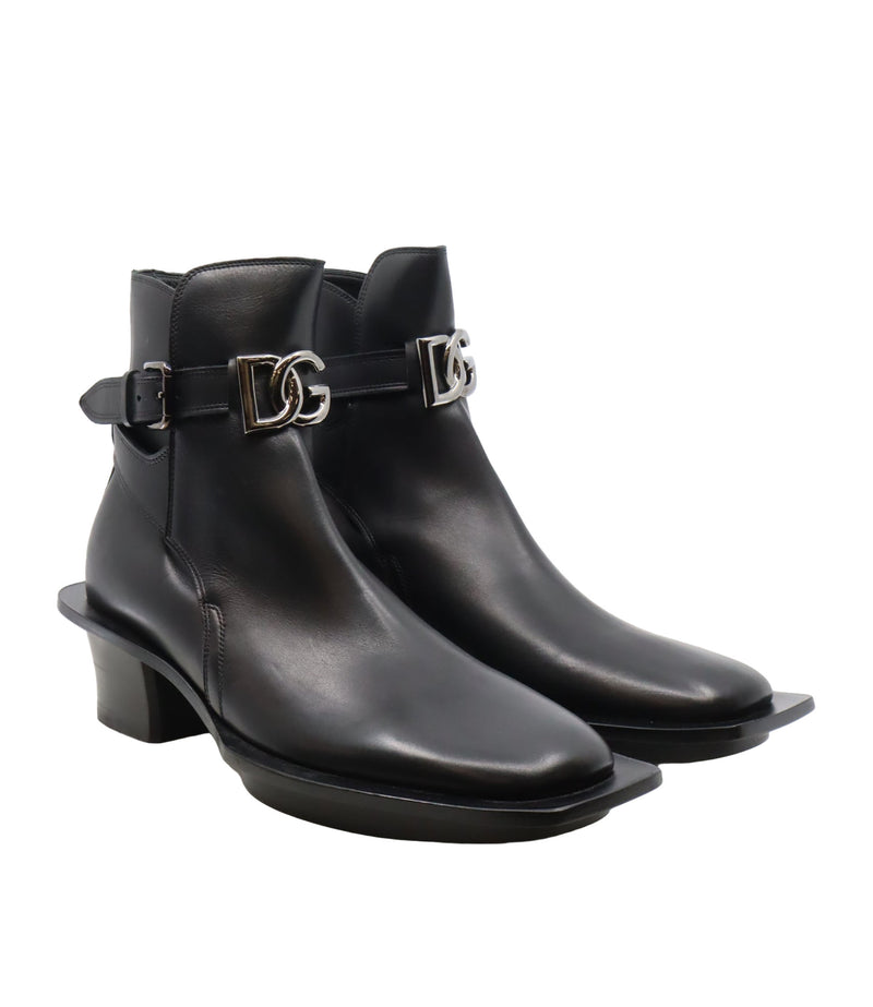 Dolce & Gabbana Herren-Stiefelette aus schwarzem Leder mit Blockabsatz und Schnalle Größe 42