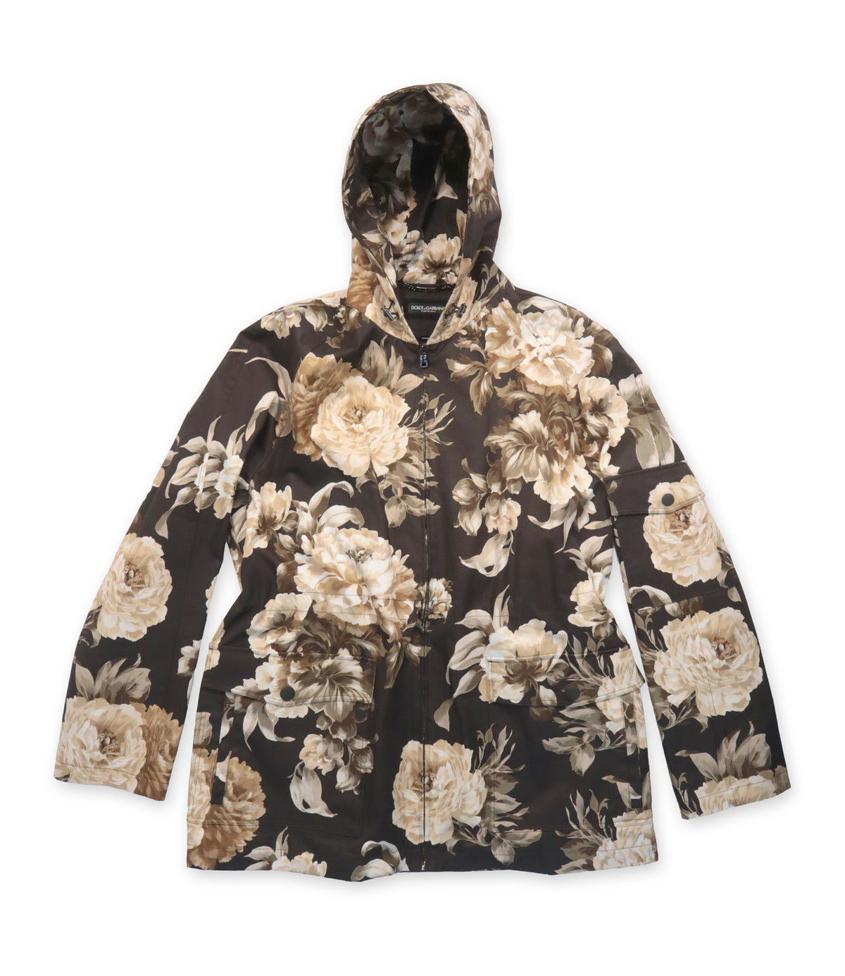 Dolce & Gabbana Parka Jacke Größe 48 mit floralem Muster in Braun und Beige aus Baumwolle Made in Italy