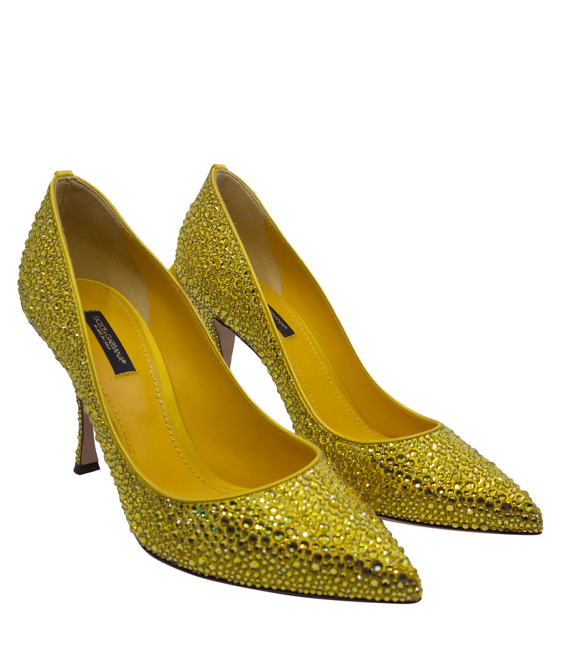 Gelbe Dolce & Gabbana High Heels mit Kristallbesatz und geschwungenem Absatz Größe 38,5