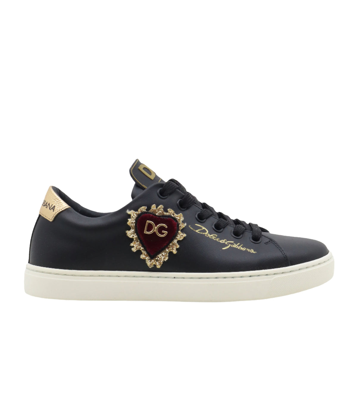 Schwarzer Dolce & Gabbana Sneaker mit Herz-Patch, Goldstickerei und weißer Sohle