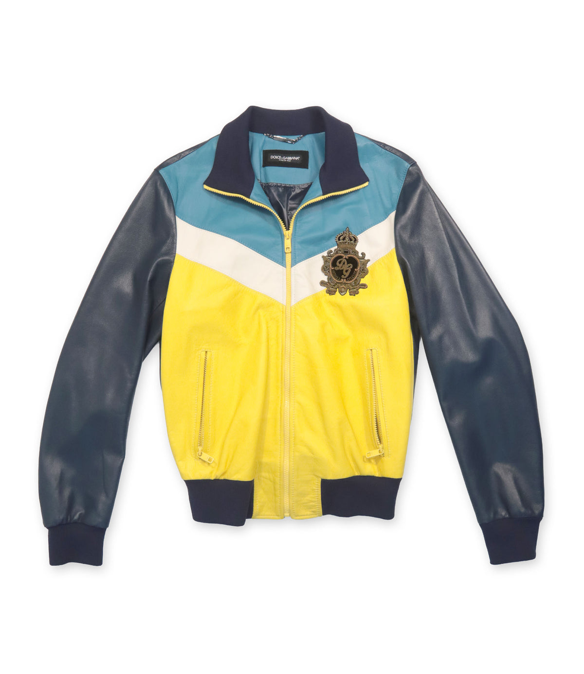 Dolce & Gabbana Lederblouson aus Lammleder in Gelb Blau Weiß Größe 46