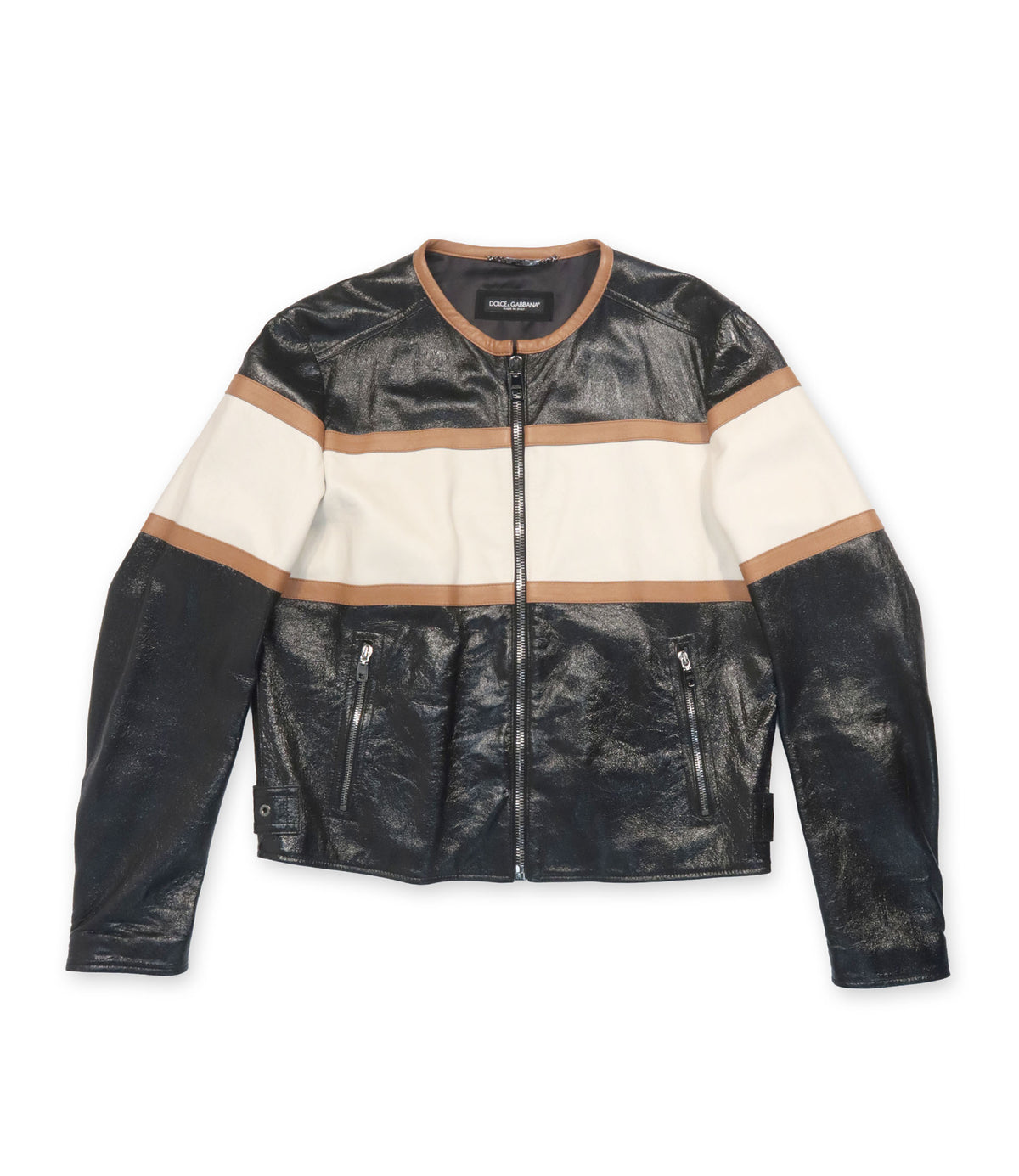 Dolce & Gabbana Lederjacke aus schwarzem Lammleder mit Color-Blocking in Cremeweiß und Cognacbraun Größe IT 48