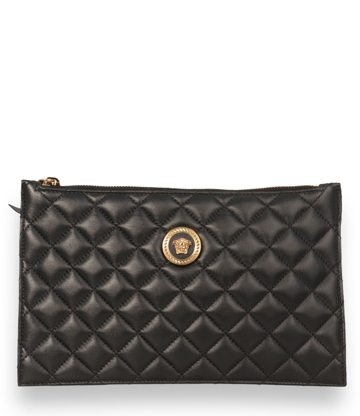 Versace Pochette aus gestepptem schwarzem Leder mit goldener Medusa-Applikation