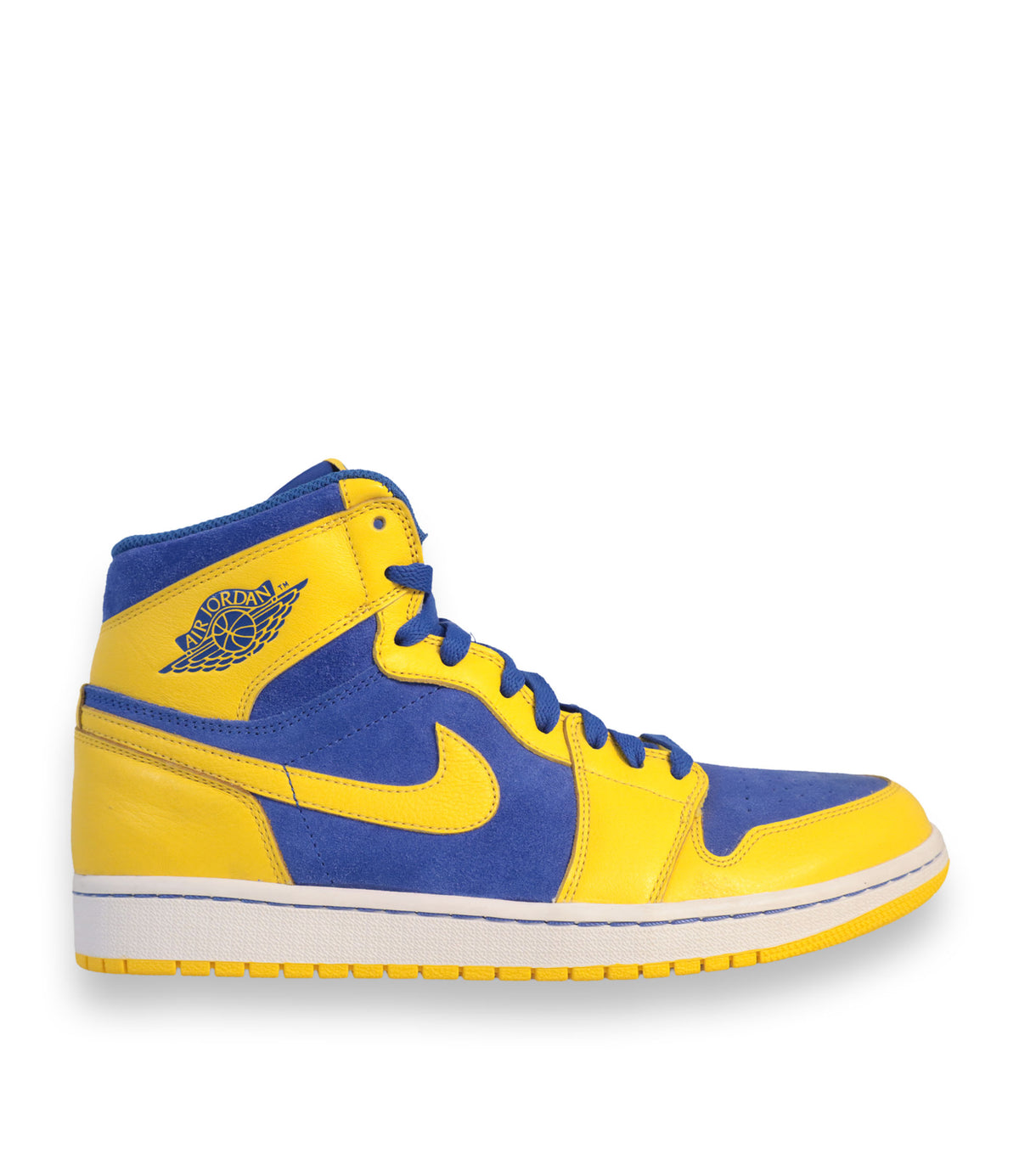 Air Jordan High-Top Sneaker Größe 44 in Gelb und Blau aus Leder und Veloursleder.