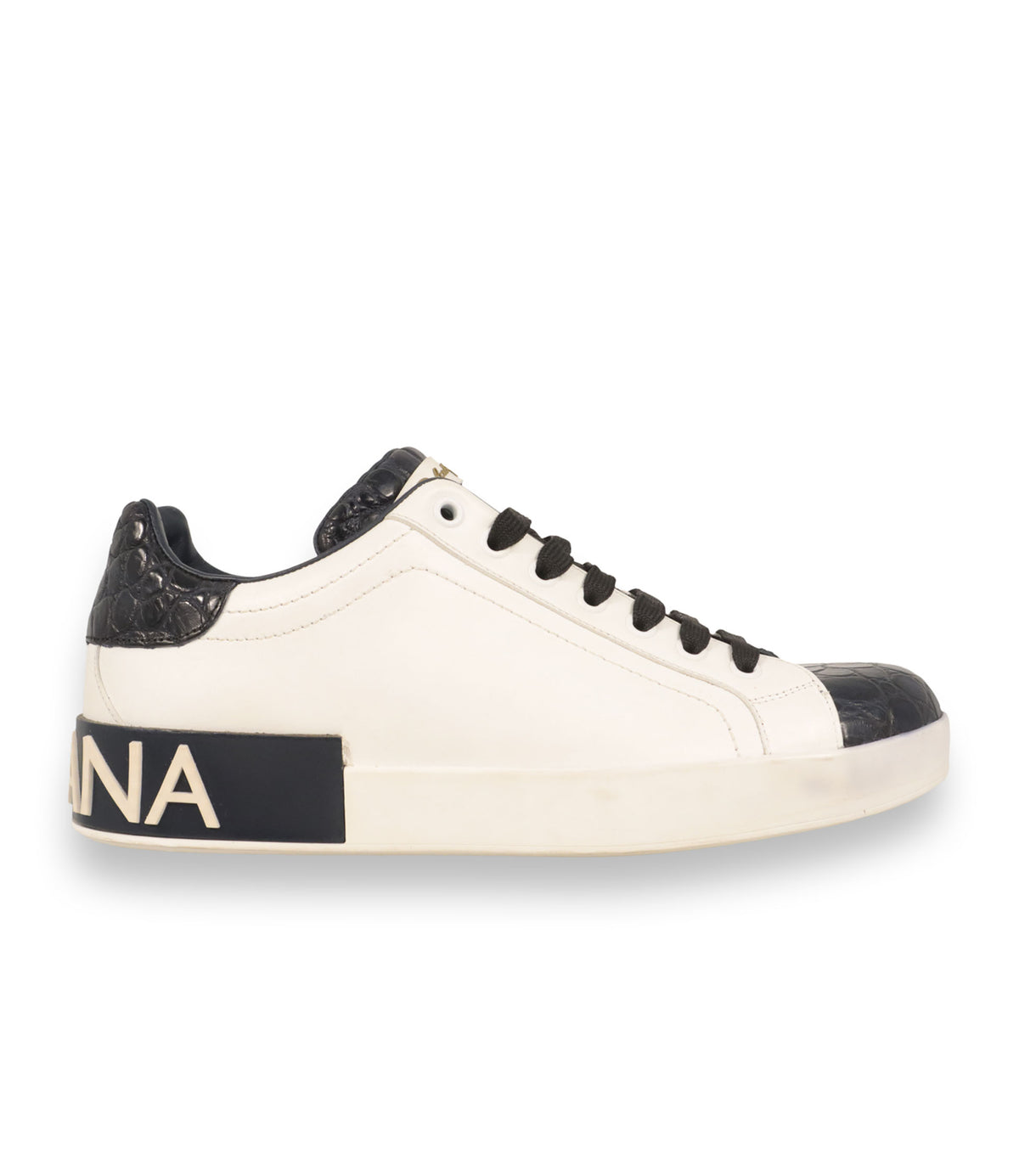 Dolce & Gabbana Sneaker Größe 39 in Weiß und Schwarz mit Kroko-Prägung aus Leder und Logo-Sohle.