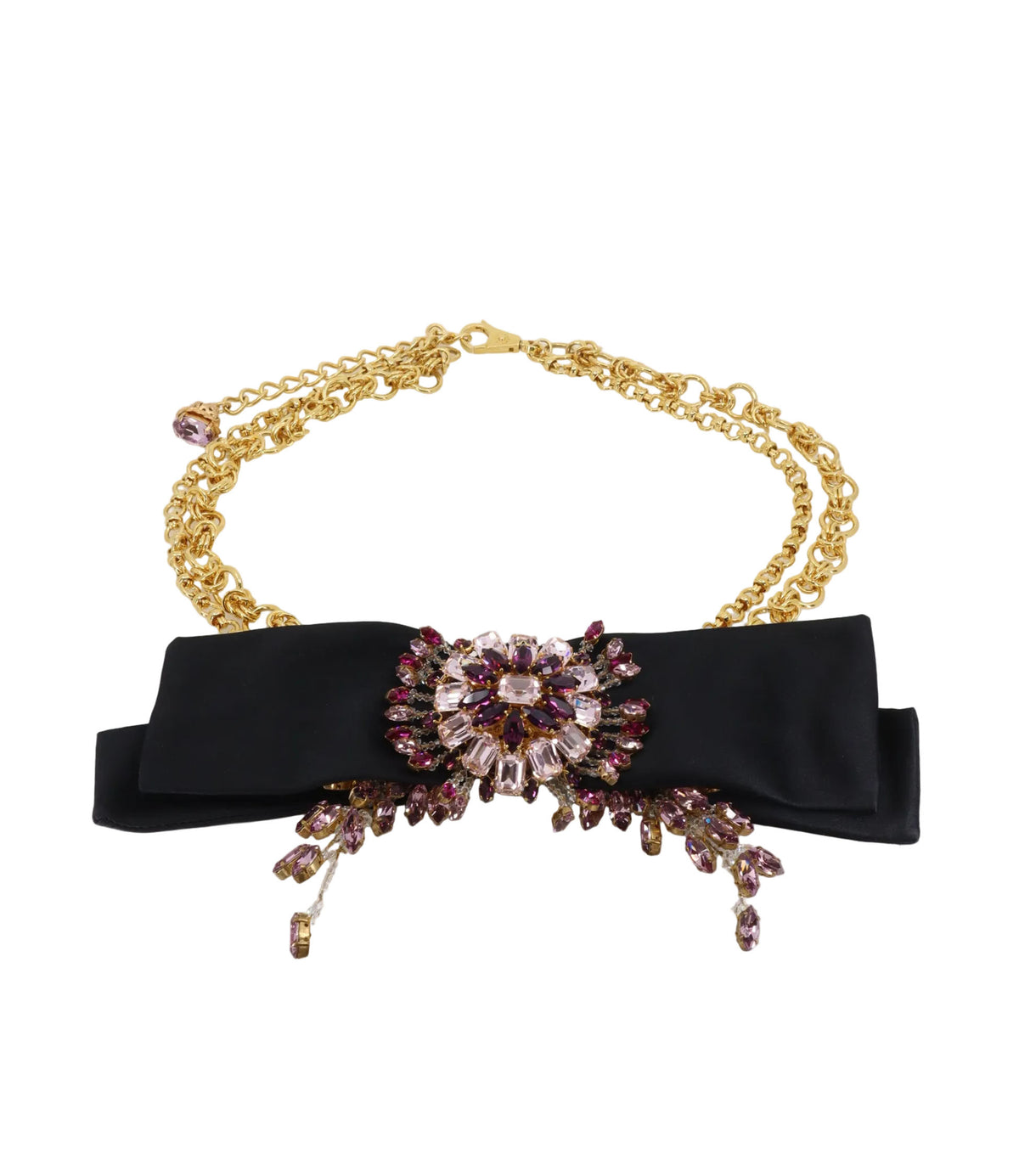 Dolce & Gabbana Gürtel Schwarz mit Schleife und Kristallbrosche in Rosé und Violett