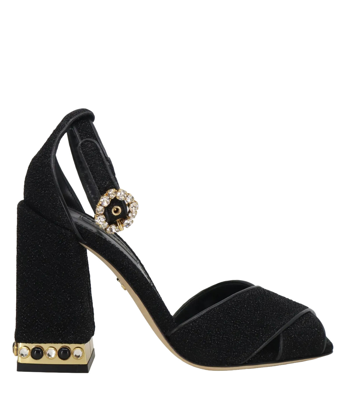 Schwarze Dolce & Gabbana High Heels mit Blockabsatz, Glitzerfinish und goldener Verzierung