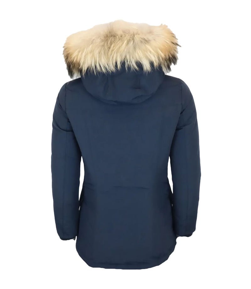 Woolrich Damenparka in Dunkelblau mit Kapuze und Echtfellbesatz, Größe XS