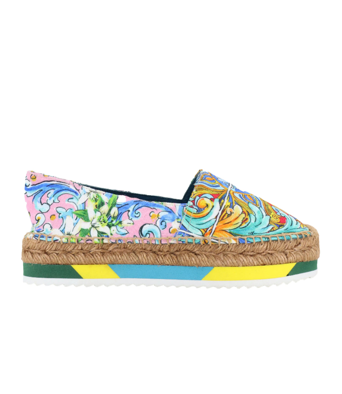 Bunte Dolce & Gabbana Espadrilles mit Majolika-Muster, Bastsohle und farbiger Gummisohle