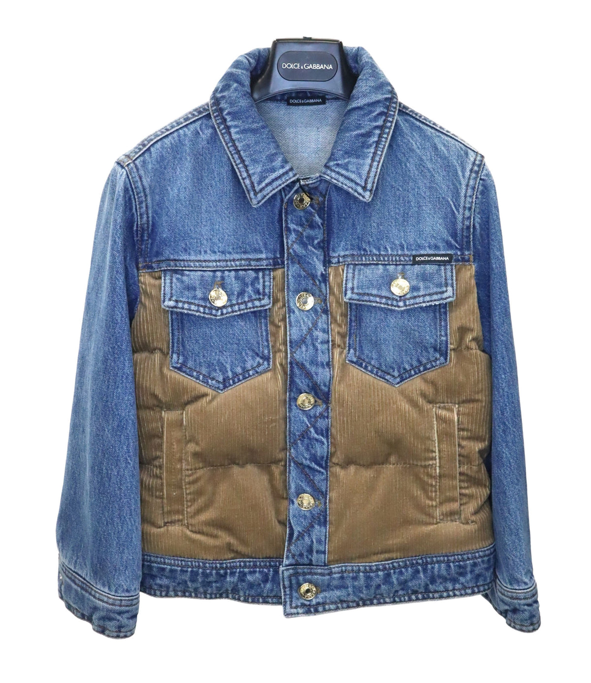 Dolce & Gabbana Jeansjacke mit olivgrüner Front und goldenen Knöpfen, Größe 6