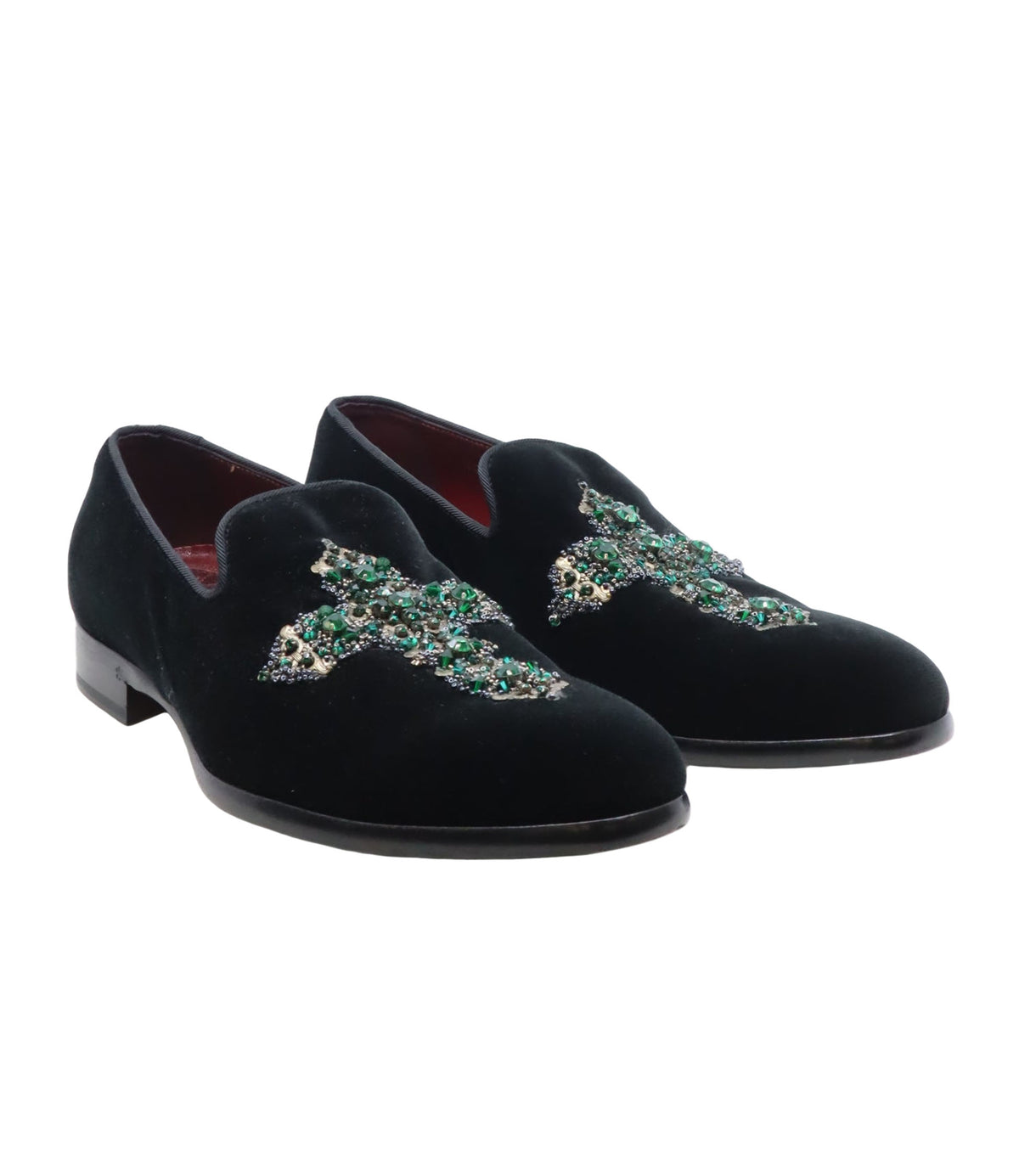 Dolce & Gabbana Herren-Loafer aus schwarzem Samt mit grünem Kristallbesatz Größe 40