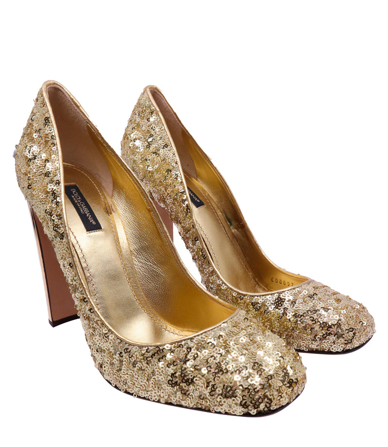 Dolce & Gabbana High Heels Größe 40,5 in Gold mit Paillettenbesatz und verziertem Blockabsatz