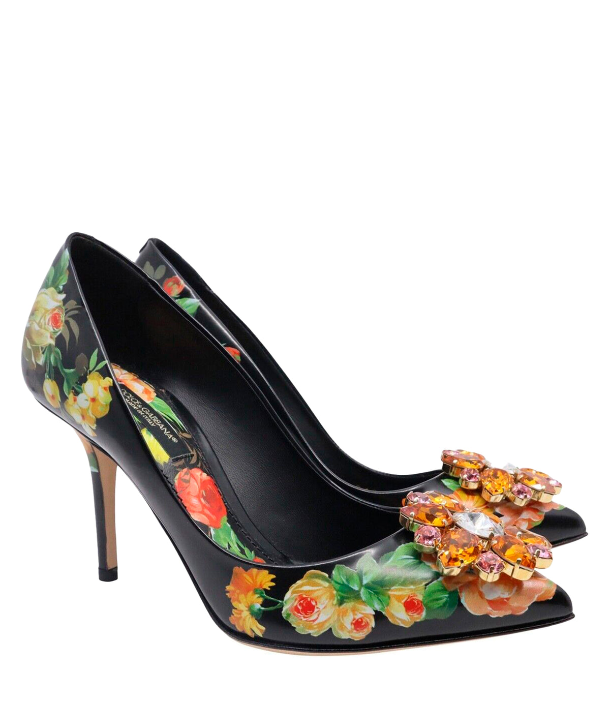 Dolce & Gabbana High Heels Größe 35 in Schwarz mit Blumenprint und Kristallschmuck auf der Spitze