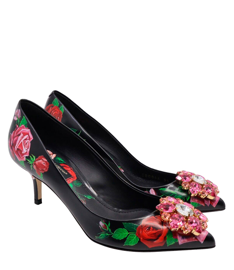 Dolce & Gabbana Pumps Größe 35 in Schwarz mit Rosenmuster und pinkem Schmuckelement