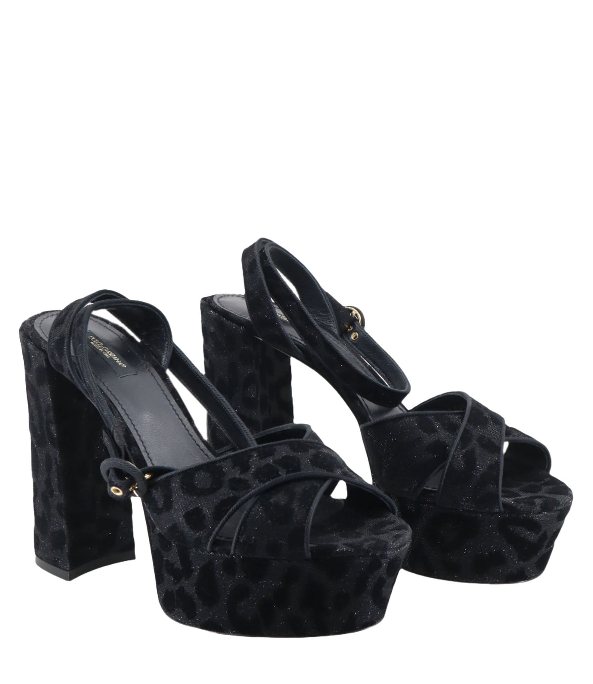 Schwarze Dolce & Gabbana Plateau-Sandalen mit Blockabsatz und Leopardenmuster in Samtoptik