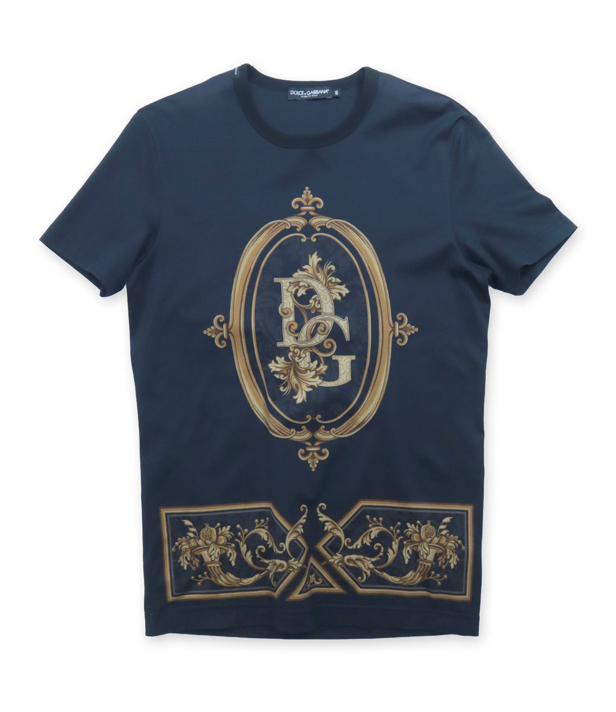 Dolce & Gabbana Herren T-Shirt dunkelblau mit goldenem DG Barock-Print Größe 46