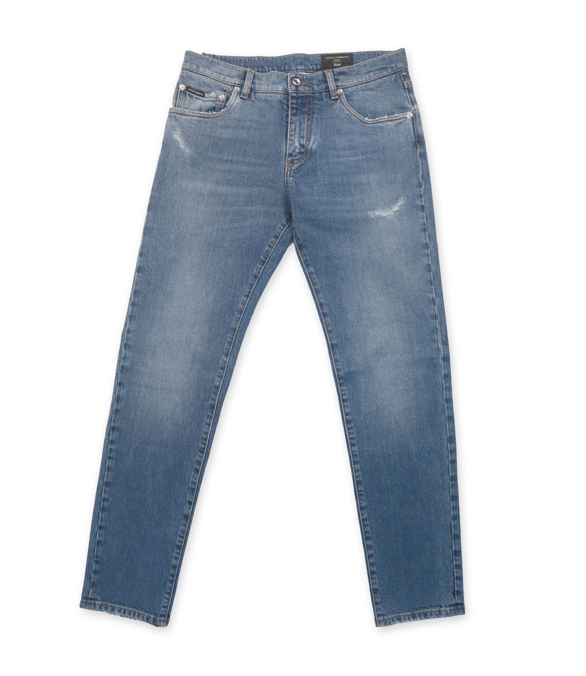 Dolce & Gabbana Slim Fit Jeans Blau IT 48 aus Baumwoll-Denim mit Used-Waschung und Logo-Details.