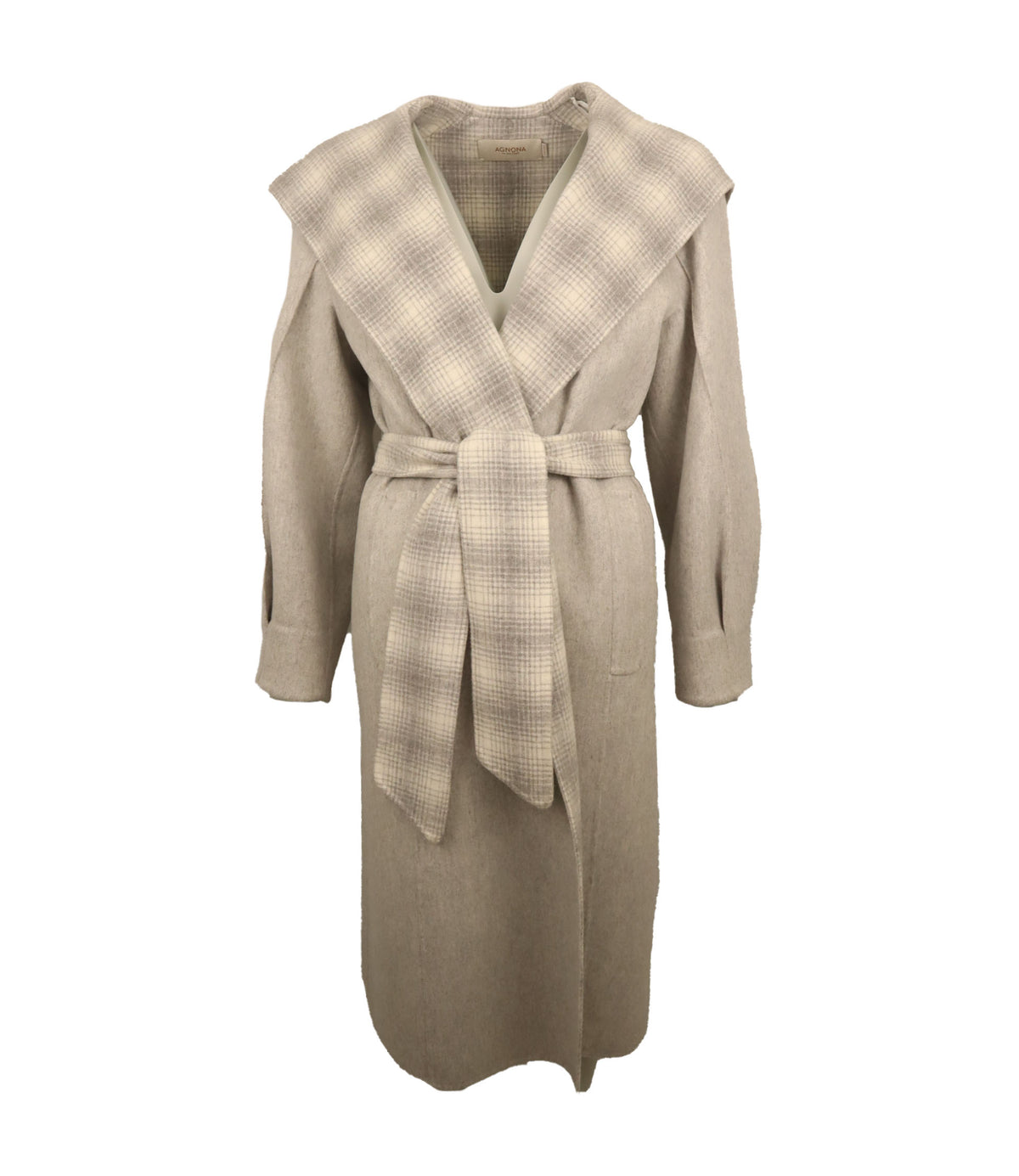 Agnona Mantel Größe 40 Beige mit kariertem Schalkragen und Gürtel