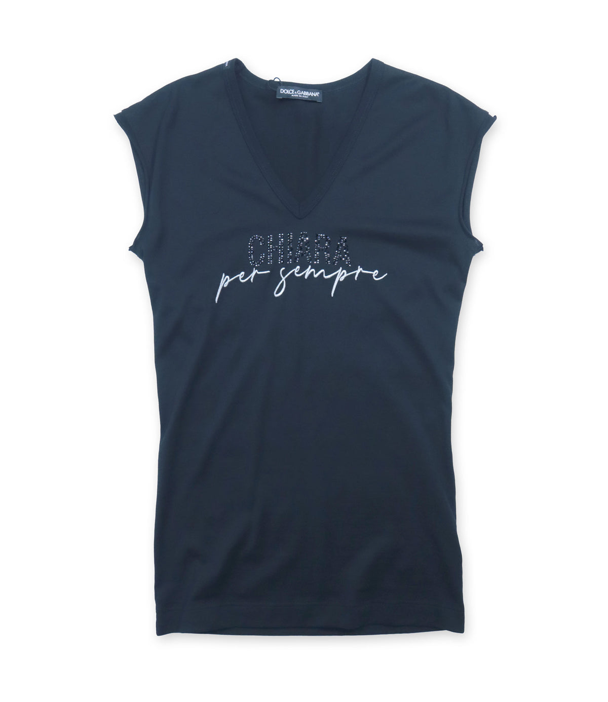 Dolce & Gabbana schwarzes Damen T-Shirt mit Chiara per sempre Print und Strassdetails Größe IT 42