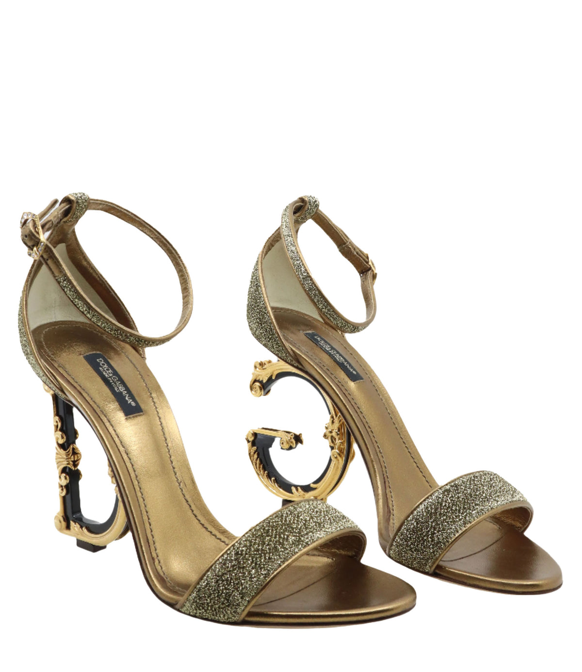 Goldene Dolce & Gabbana Sandalen mit verziertem D-Absatz und Glitzereffekt