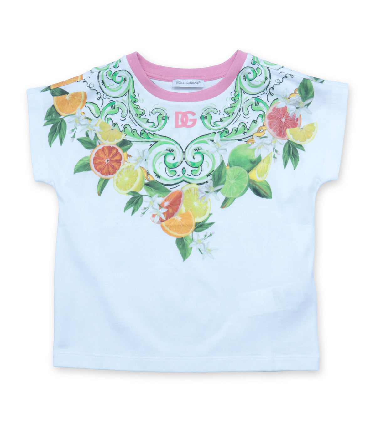 Dolce & Gabbana Kinder T-Shirt mit Zitronenprint aus Baumwolle in Weiß und Rosa