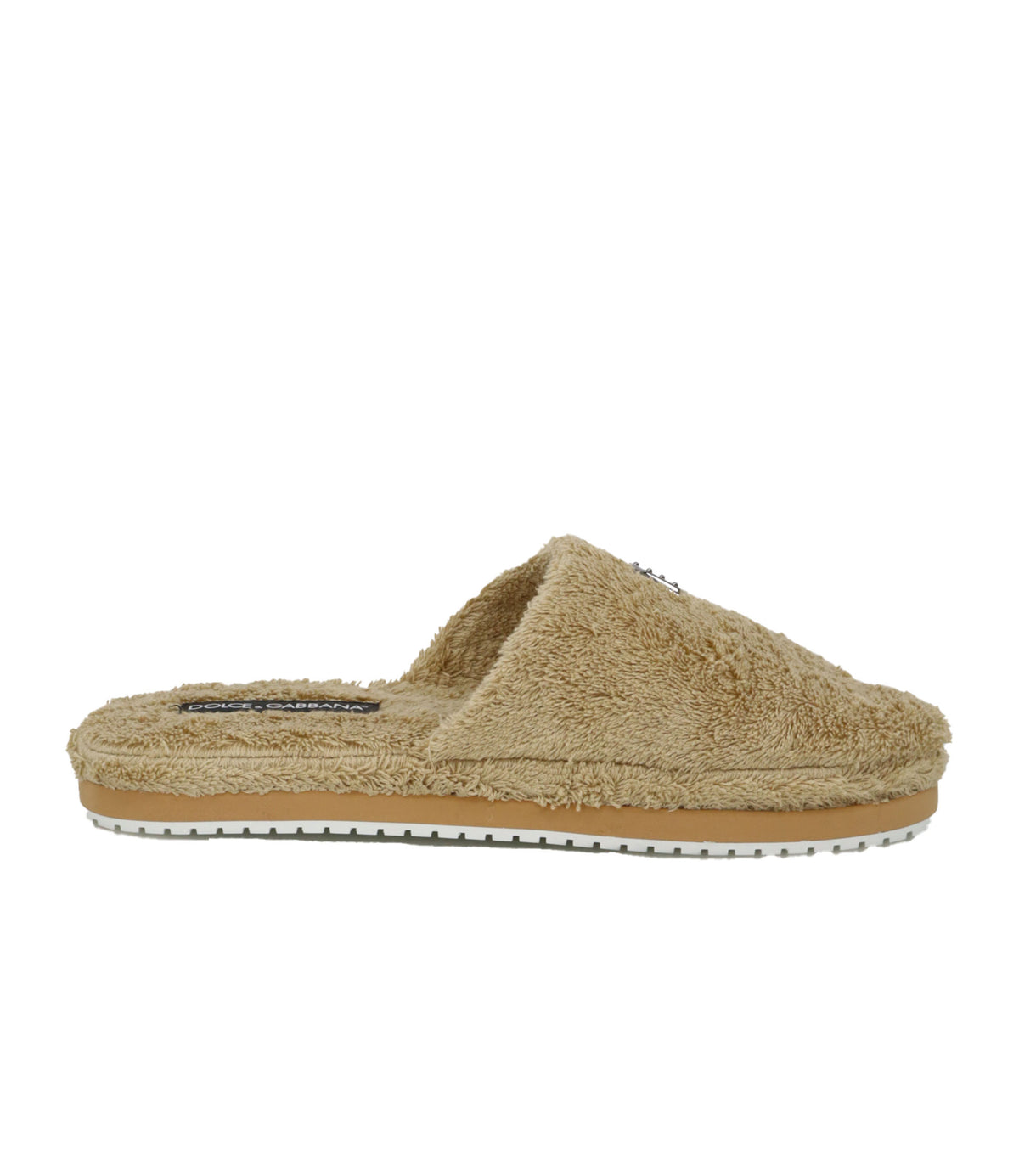Dolce & Gabbana Pantoletten Größe 43 beige Designer Slipper aus Frottee mit Logo-Plakette