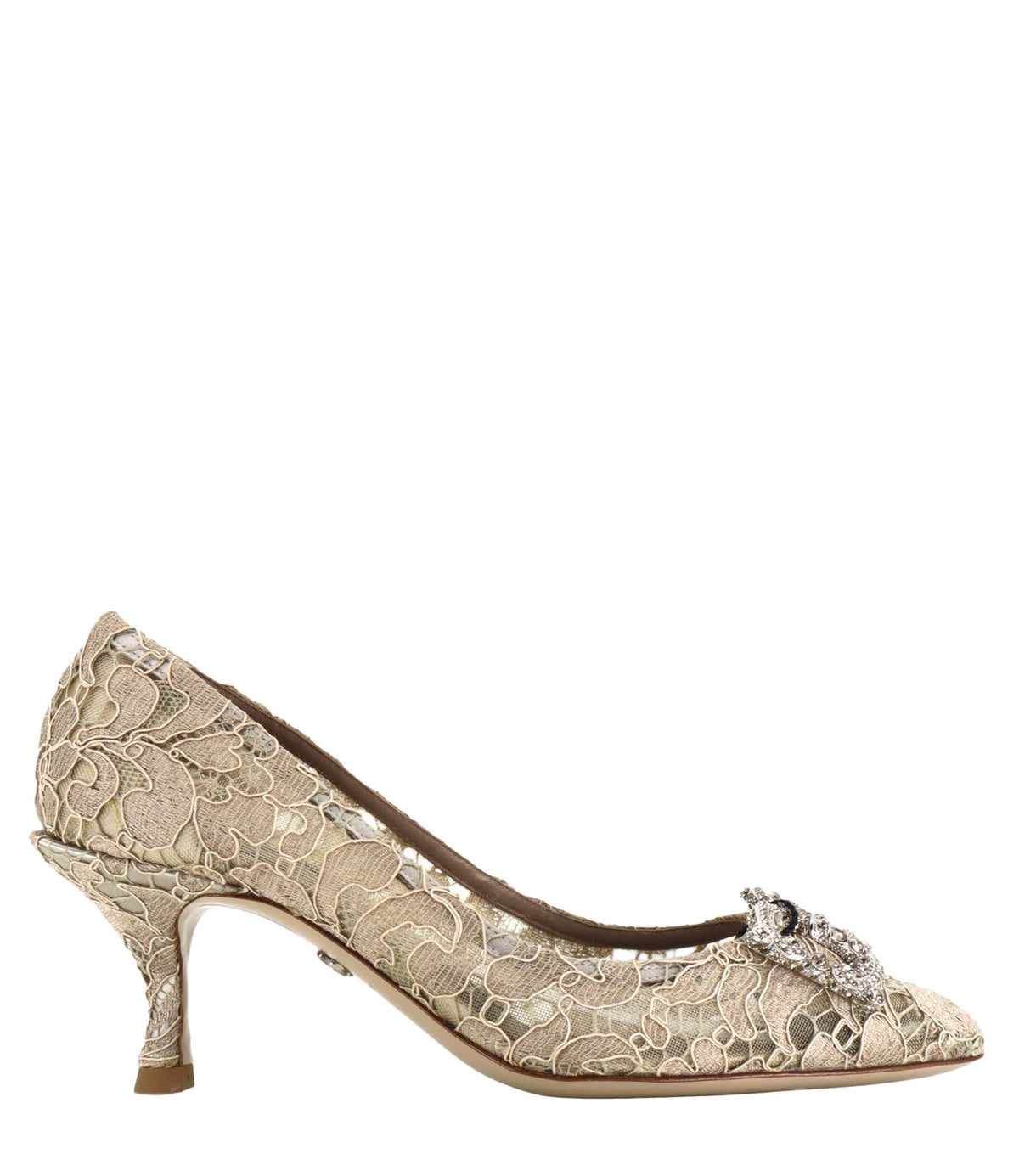 Dolce & Gabbana Pumps aus beigefarbener Spitze mit Schmuckapplikation