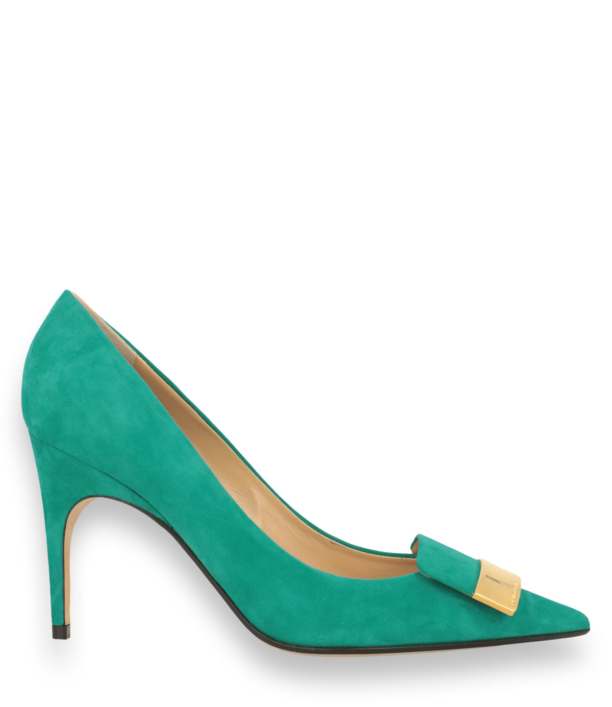 Sergio Rossi Pumps Größe 38 aus türkisgrünem Veloursleder mit goldenem Detail