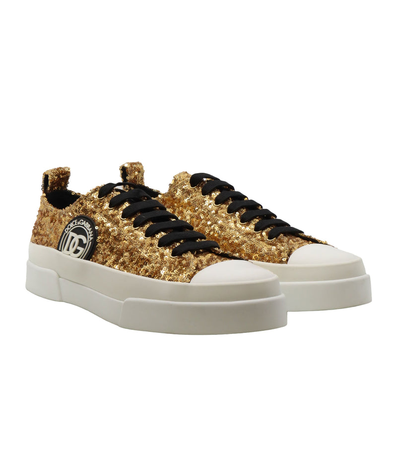 Dolce & Gabbana Sneaker mit goldenen Pailletten und weißer Sohle Größe 45