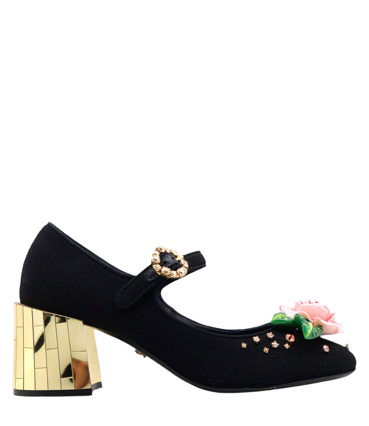 Schwarze Dolce & Gabbana Mary Jane Pumps mit goldfarbenem Blockabsatz und Blütenapplikation