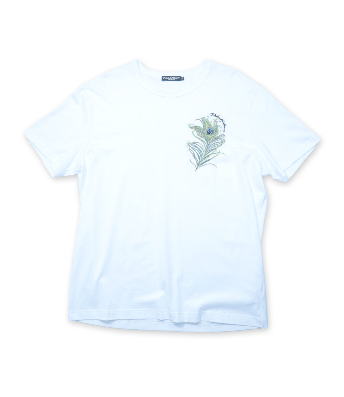 Dolce & Gabbana weißes Herren T-Shirt mit Pfauenfeder Stickerei Größe IT 56