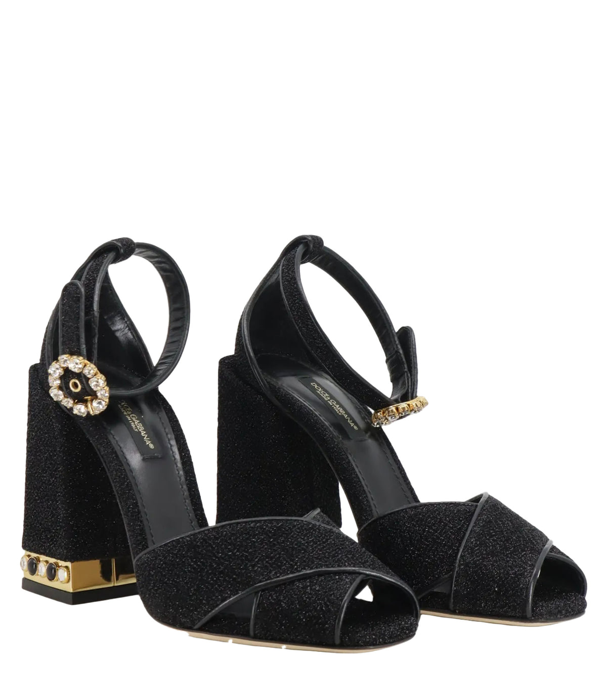 Schwarze Dolce & Gabbana High Heels mit Blockabsatz, Glitzerfinish und goldener Verzierung