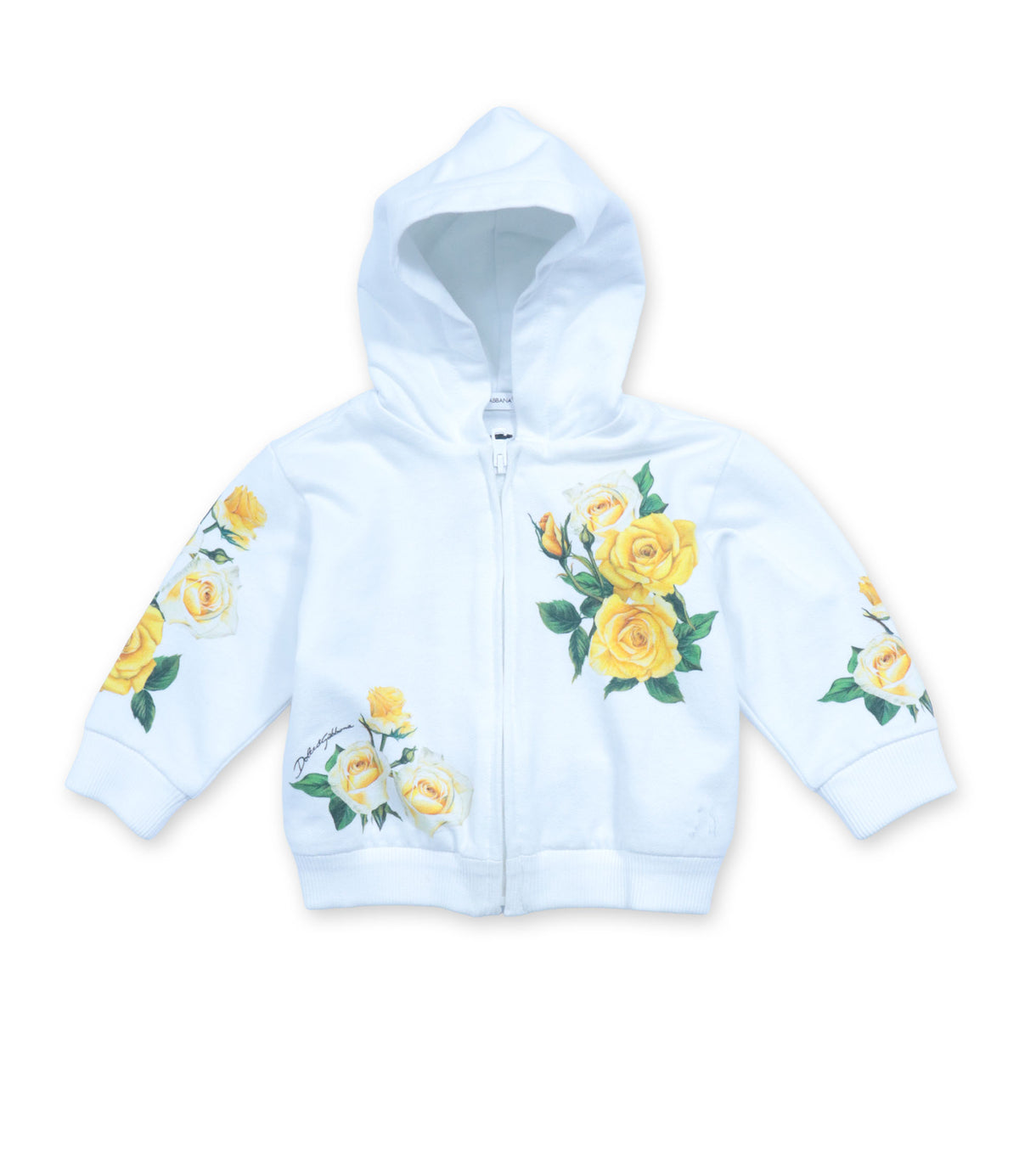 Dolce & Gabbana Baby Hoodie Jacke weiß mit gelbem Rosenprint aus Baumwolle