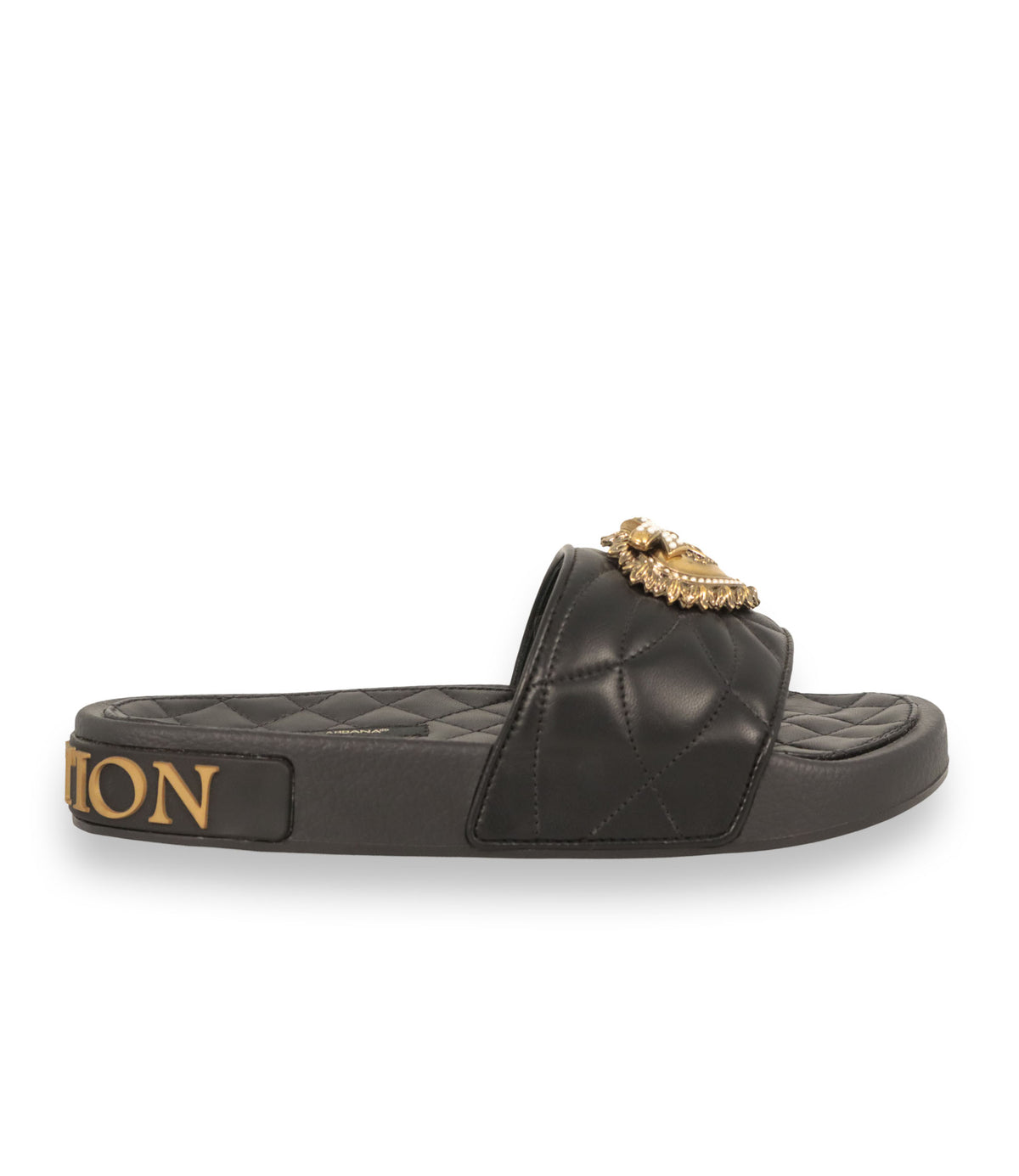 Dolce & Gabbana Sandalen schwarz Leder gesteppte Slides Gold Logo