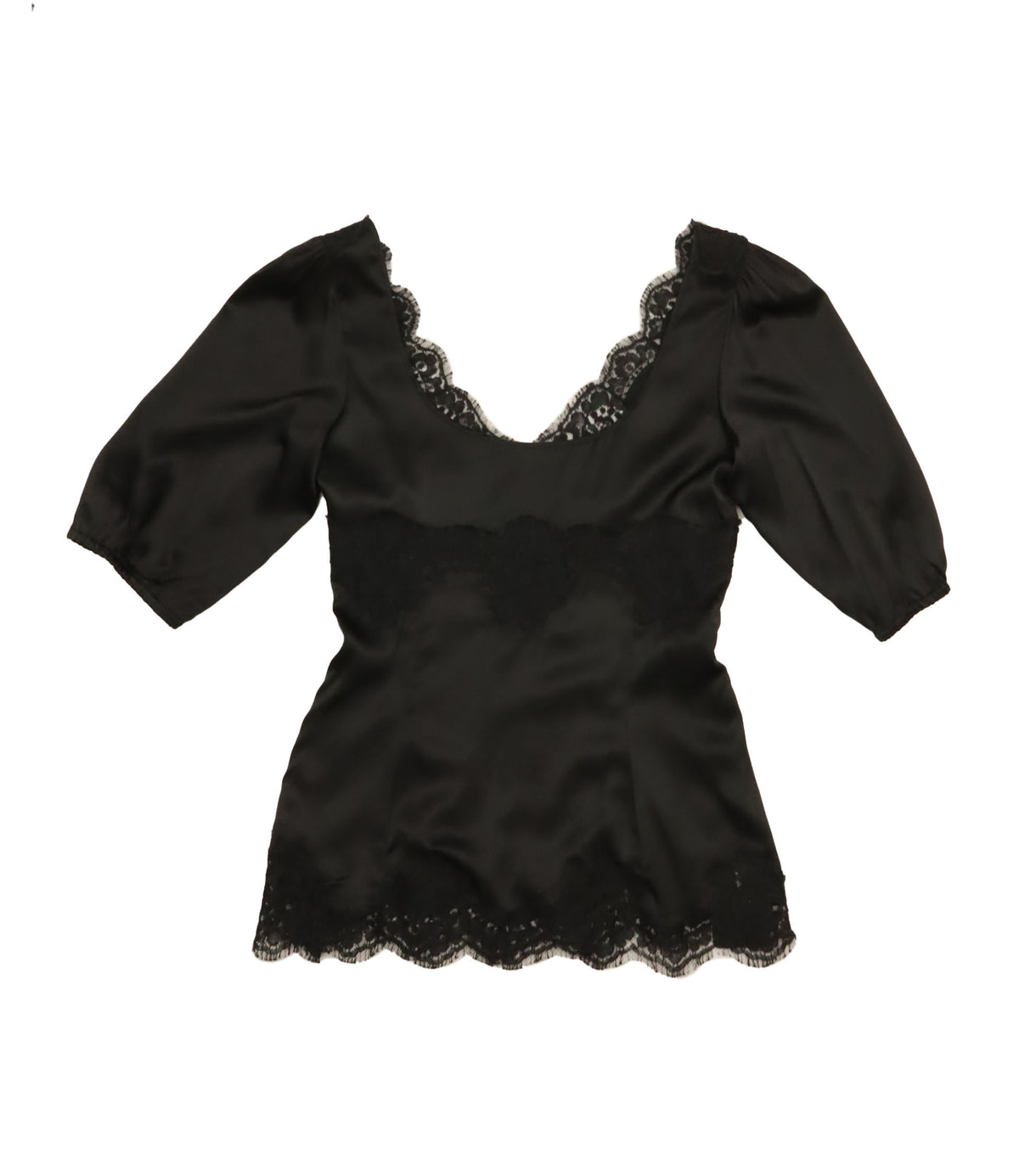 Dolce & Gabbana schwarze Bluse Größe 42 mit Spitze am Ausschnitt und Saum, Puffärmel elegant