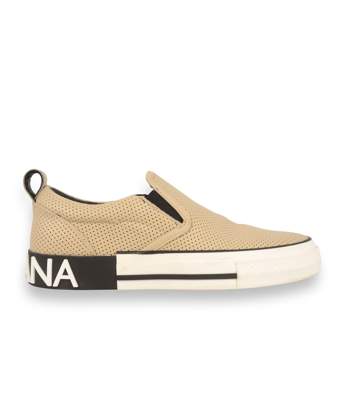Dolce & Gabbana Slip-On Sneaker Größe 39 aus beigem perforiertem Leder mit Logo-Sohle im Dolce & Gabbana Sale.