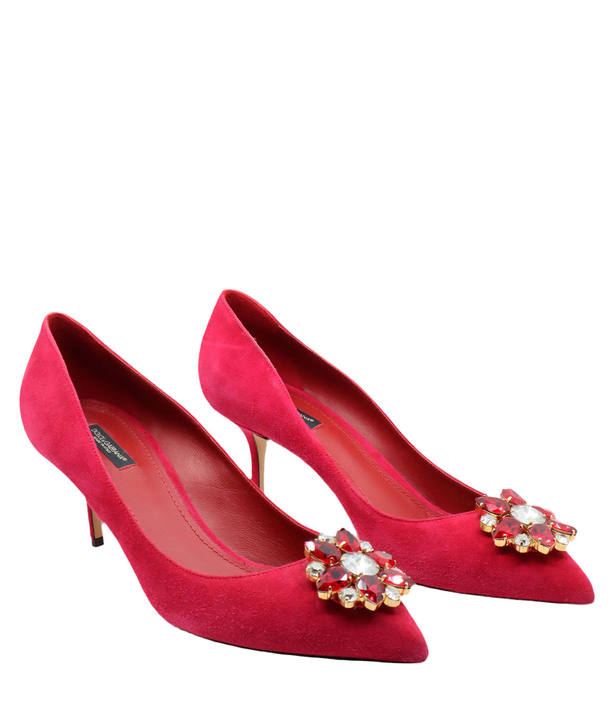 Rote Dolce & Gabbana Pumps mit Schmuckapplikation und Veloursleder-Oberfläche