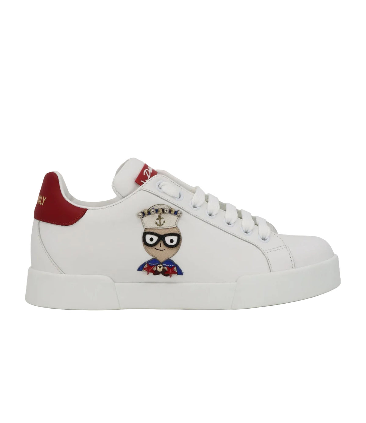 Weißer Dolce & Gabbana Sneaker mit rotem Fersenbereich und Cartoon-Applikation