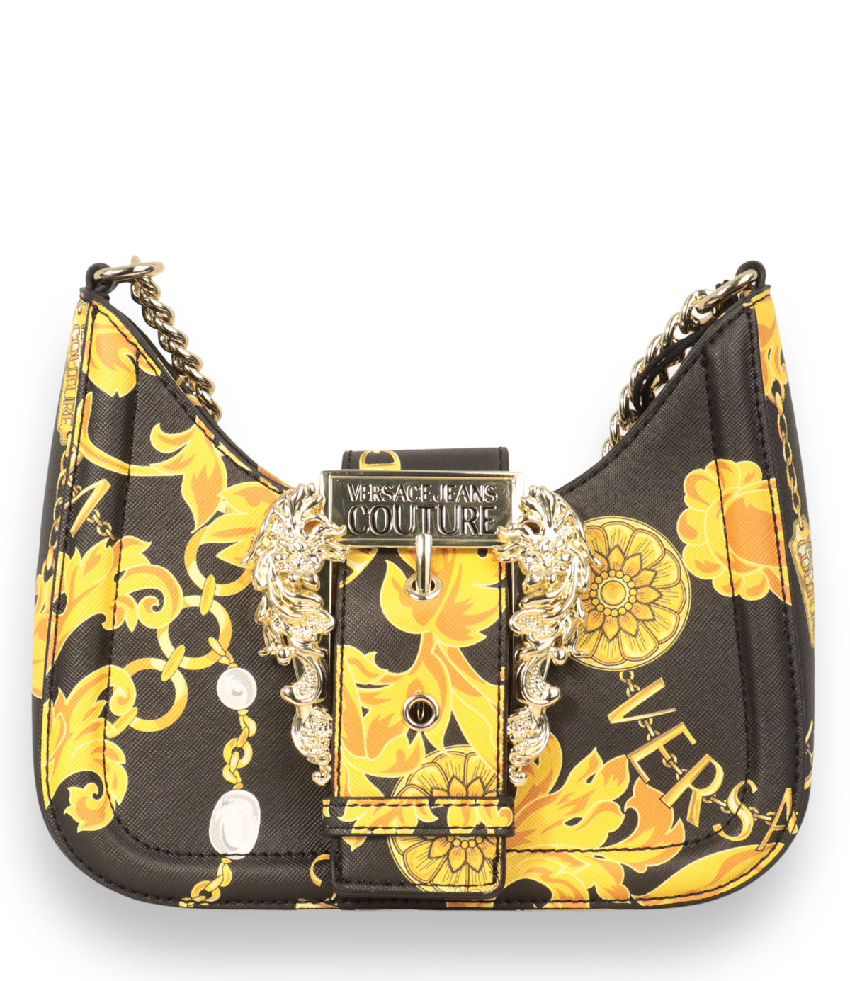Versace Jeans Couture Handtasche Schwarz Gold mit Barock Print und goldener Kette