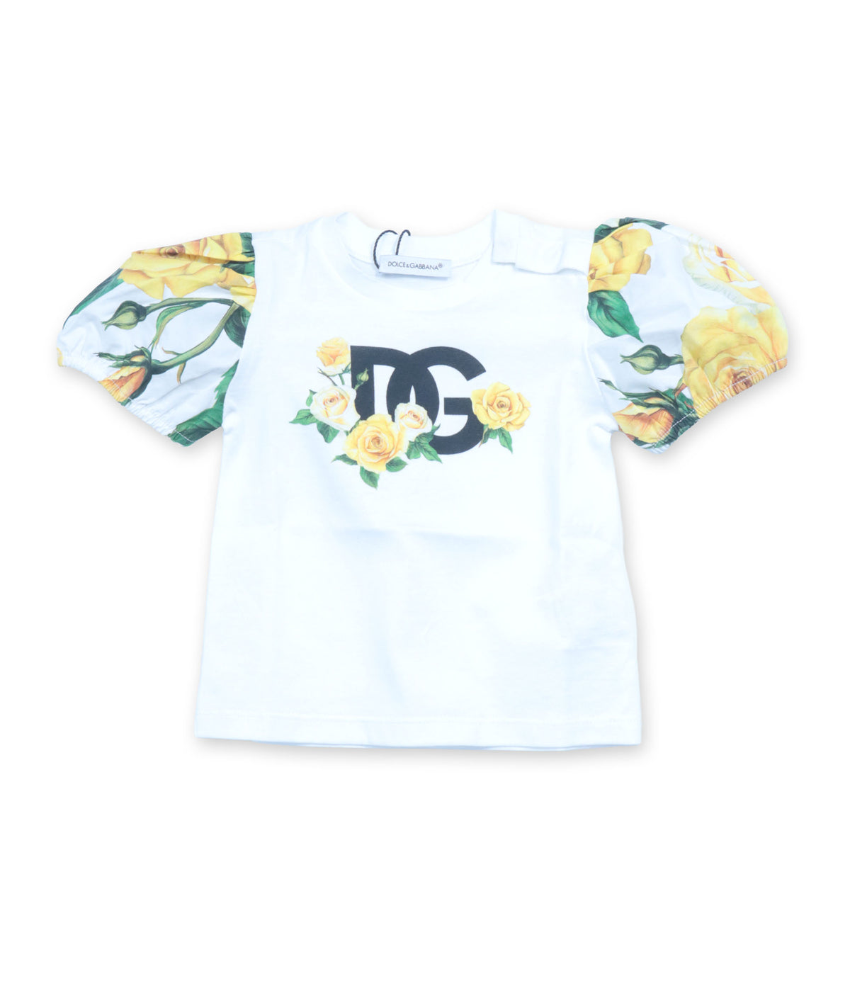 Dolce & Gabbana Baby T-Shirt weiß mit gelben Rosen und DG Logo aus Baumwolle