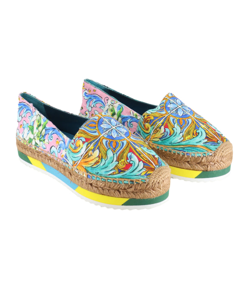 Bunte Dolce & Gabbana Espadrilles mit Majolika-Muster, Bastsohle und farbiger Gummisohle