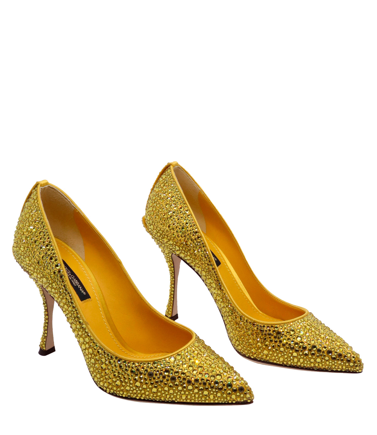 Dolce & Gabbana High Heels Größe 38,5 in Gelb mit Strassbesatz und geschwungenem Absatz