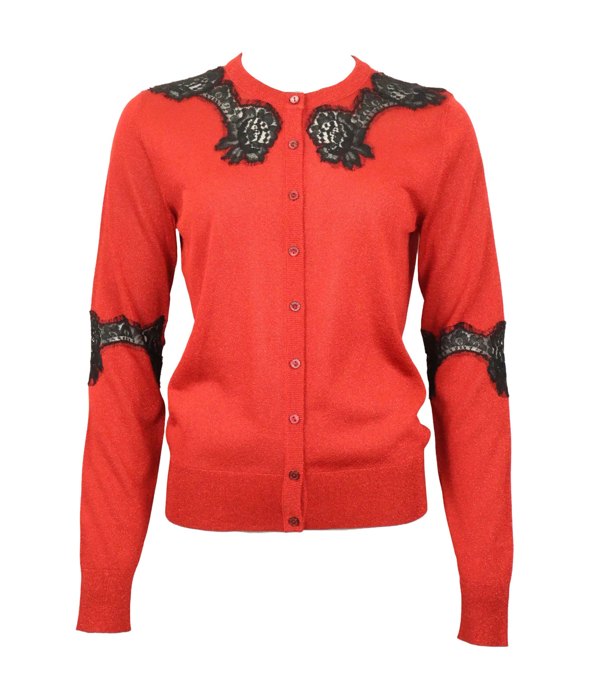 Rote Dolce & Gabbana Strickjacke mit schwarzer Spitze an Schultern und Ärmeln, Größe 44