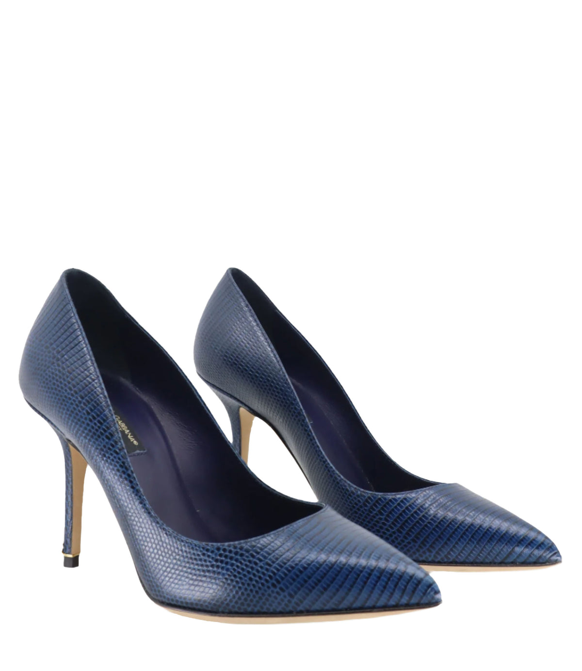 Dunkelblaue Dolce & Gabbana Pumps mit Reptilprägung und spitzer Form Größe 36