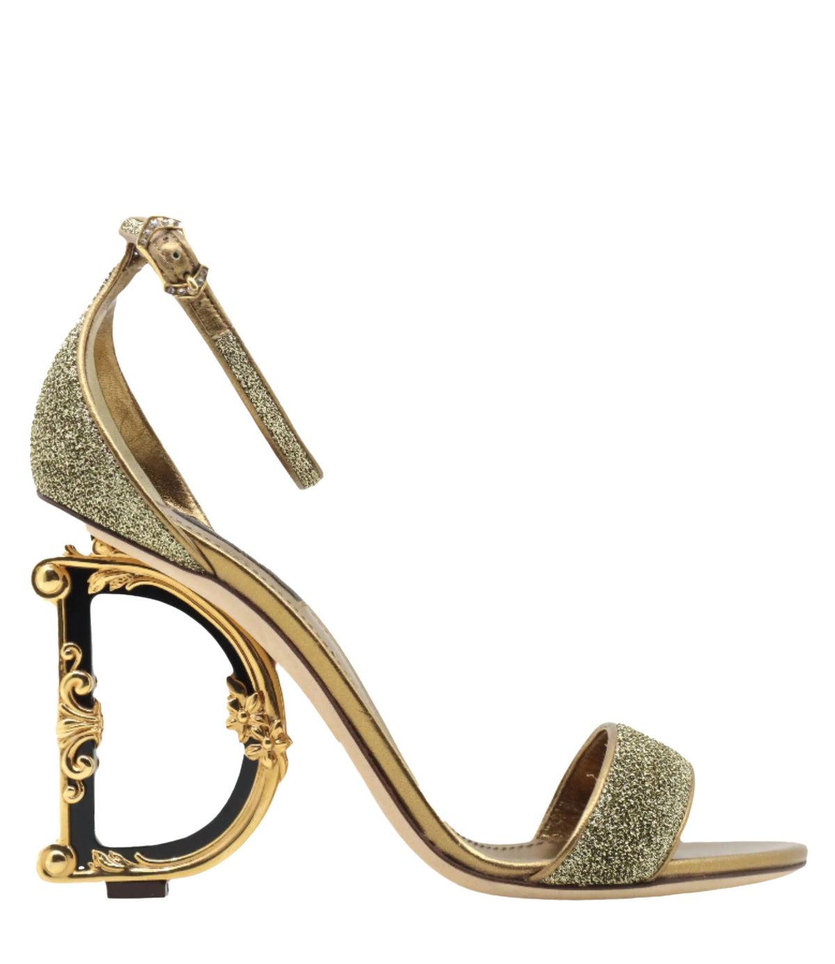 Goldene Dolce & Gabbana Sandalen mit verziertem D-Absatz und Glitzereffekt