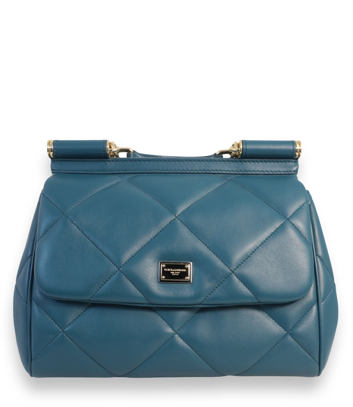 Dolce & Gabbana Sicily Handtasche Petrol aus gestepptem Leder mit goldfarbenen Details und abnehmbarem Schulterriemen.