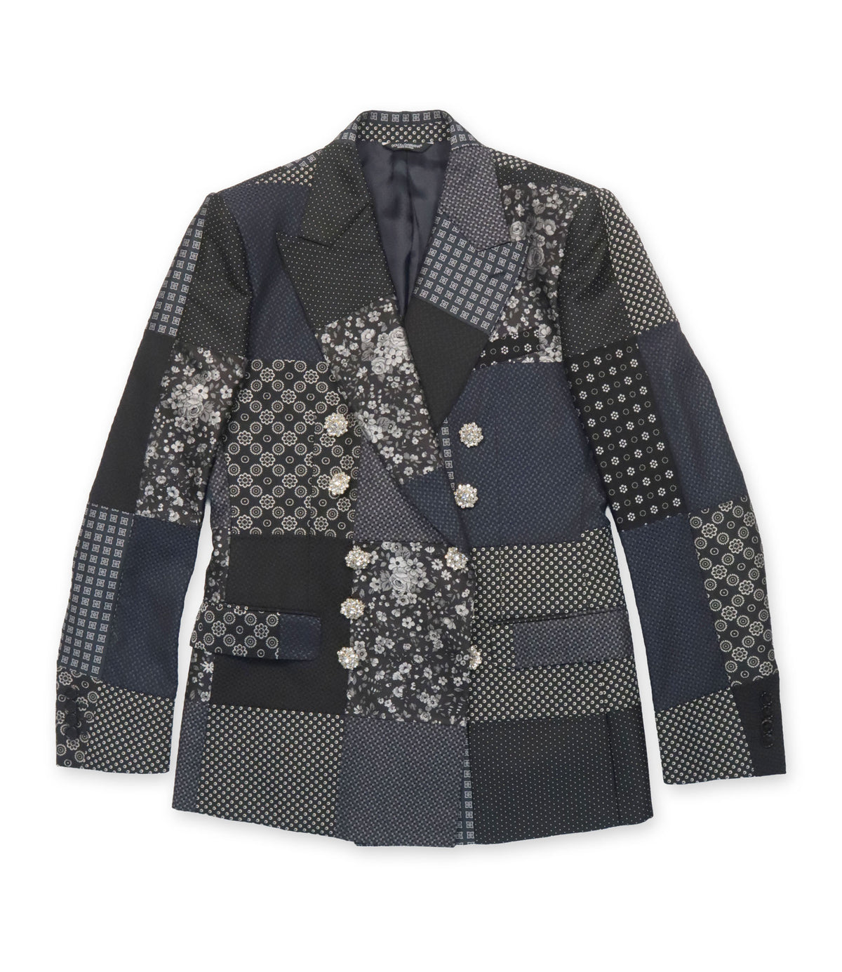Dolce & Gabbana Sicilia Blazer Größe 48 mit Patchwork-Muster und Schmuckknöpfen in Schwarz und Dunkelblau
