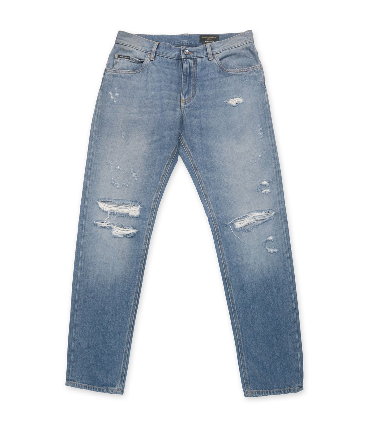 Dolce & Gabbana Jeans Größe IT 50 in hellblauem Used-Denim mit Destroyed-Details und Regular Fit aus Italien.