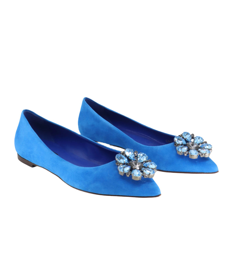 Royalblaue Dolce & Gabbana Ballerinas mit Kristallverzierung aus Veloursleder